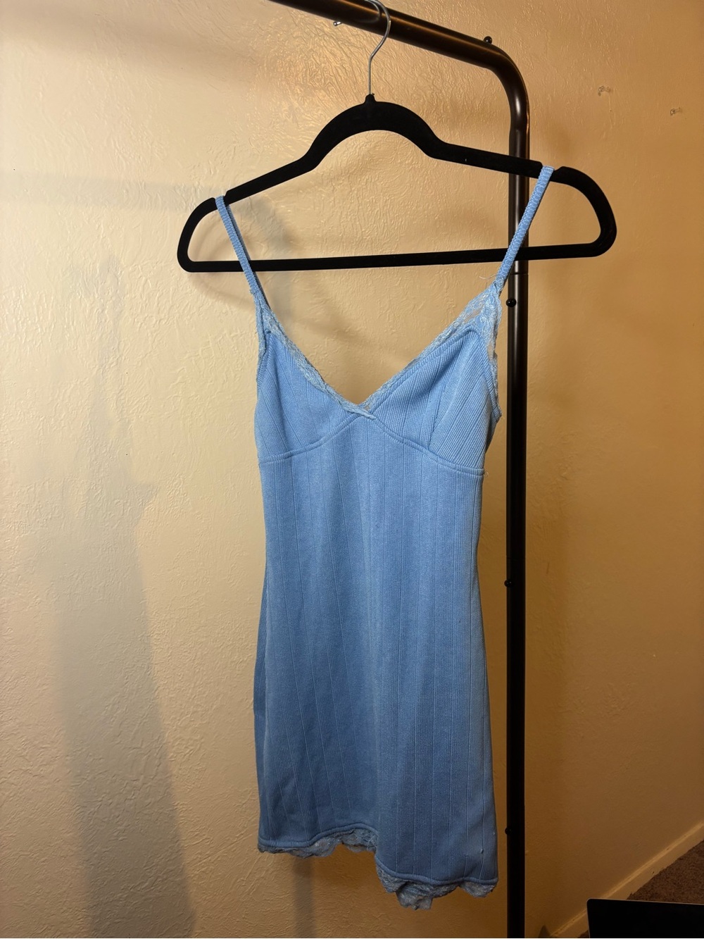 Urban Outfitters Pale Blue Ribbed Slip Tank with Lace